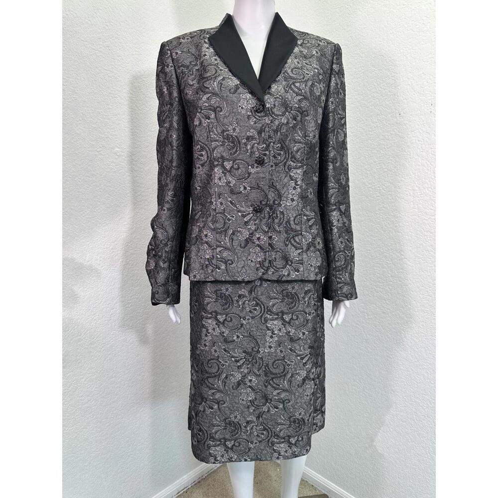 Vtg Sz 14 Nipon Boutique Black Silver Brocade Jacquard Pencil Skirt Suit Church
